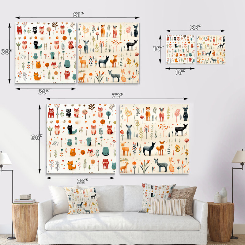 Minimaliste, mignon, enfants, animaux, animaux, acrylique, ensemble d'art sur verre, ensemble de 2, H 16 po x l 33 po