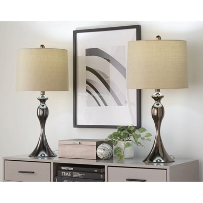 Lampe de table contemporaine en métal 27 "avec abat-jour en lin - ensemble de 2