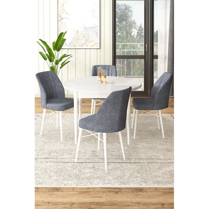 Modern 5-Piece Dining Table & Chairs Set, White & Fume, 35.4 x 29.5 x 35.4 inches Table | 17.7 x 36.6 x 16.5 inches Chairs | 100% Melamine Coated Chipboard, Metal Frame, Comfortable Foam Seating, Scandinavian Design