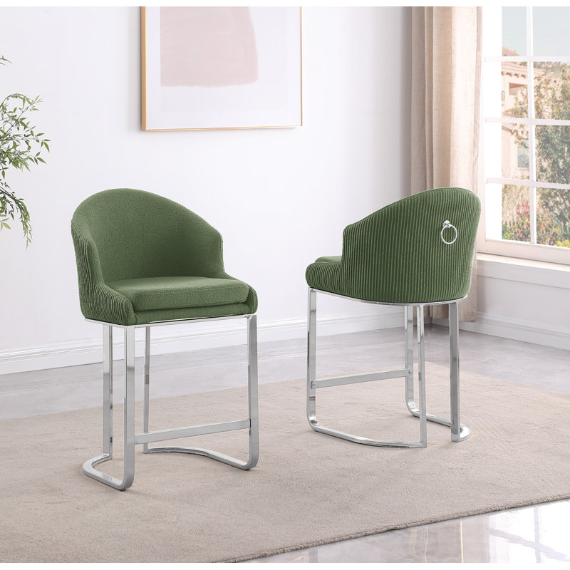 Tabourets de bar et de comptoir en tissu imitation fourrure avec dossier plissé, Vert, Argent argent