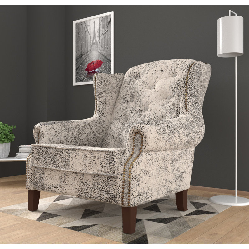 Chesterfield Wingback Armchair  with Quilting And Wooden Legs Made of Luxury Microfibre Vintage Look, White