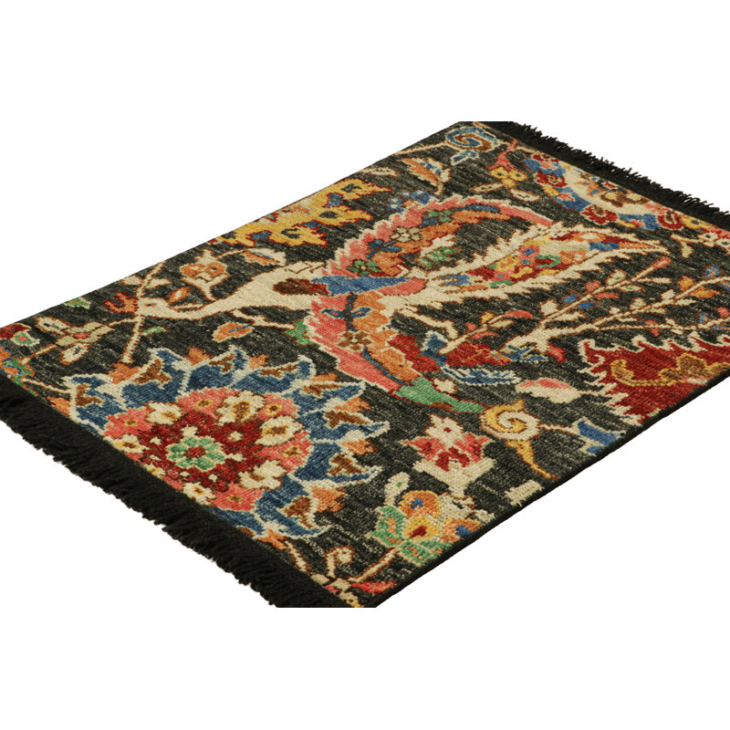 Rug & Kilim’S  Kerman Style Rug In Black With Colorful Floral Patterns, Rectangle 10' x 14'