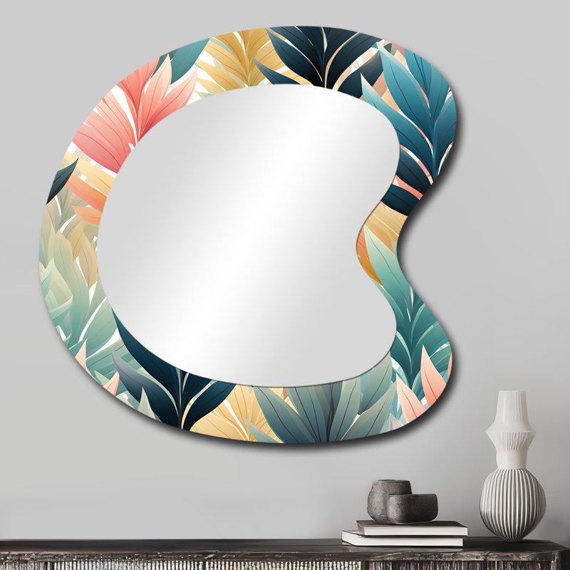 Motif de chevron fougère corail et vert - Art floral en métal - Miroir mural asymétrique, 27 po x 27 po