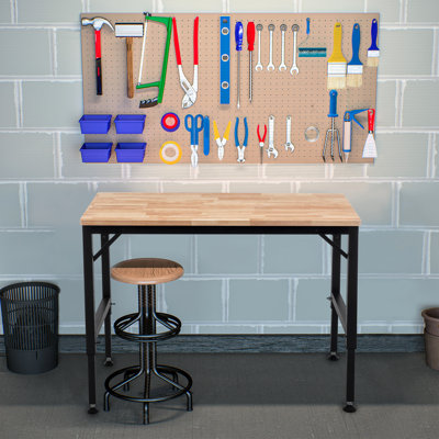 48" Adjustable Workbench For Commercial Purposes, Rubber Wood Tabletop And Stable Legs Garage, Heavy-duty Hardwood, 2000 Lbs Capacity, Steel Legs, Sof