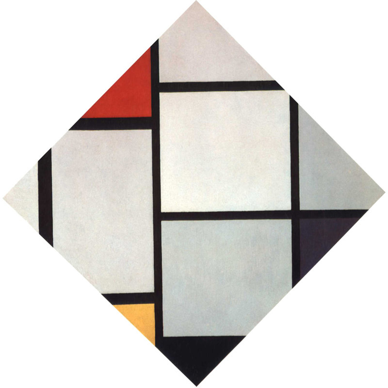 Composition de losange rouge, gris, bleu, jaune et noir, H 15 po x l 15 po