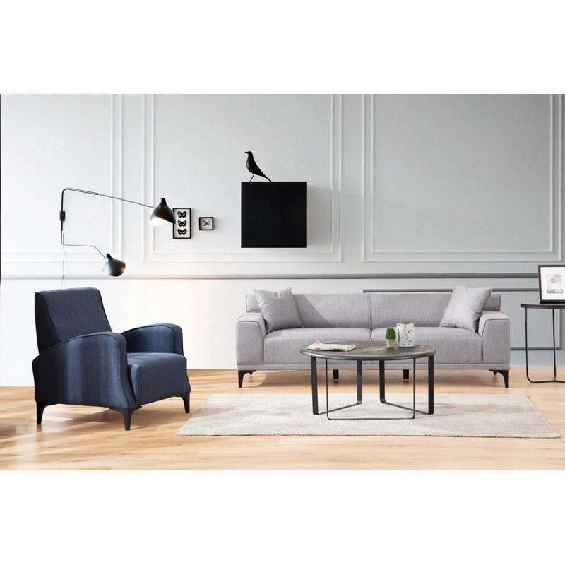 Stylish 3-Seat Sofa, Light Grey Upholstery, 84.6 x 34.3 x 33.9 inches | Beech Wood and Chipboard Frame, 100% Polyester Fabric | Comfortable Fixed Cushions with Foam & Feather, 2 Decorative Pillows Included