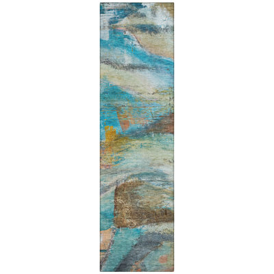 Machine Washable Indoor/Outdoor Xhevrie Teal Rug