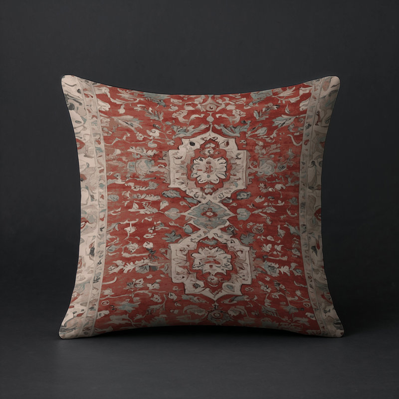 Coussin décoratif intérieur et extérieur Modern, Rouge brique / beige / ivoire damassé, Carré 20 po