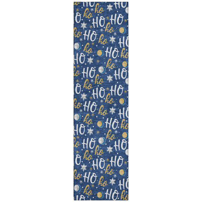 Machine Washable Indoor/Outdoor Snowflake Ho Ho Ho Xhevrie Navy Rug