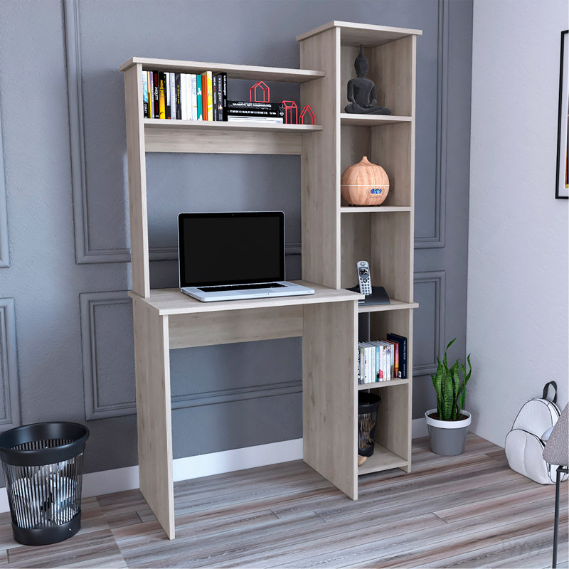 Bureau d'écriture Versalles, deux tablettes supérieures, cinq casiers - gris clair, Gray