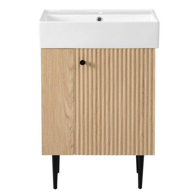 Meuble-lavabo en bois 21,6 po, armoire combinée, meuble de rangement pour salle de bain, lavabo simple en céramique, rangement à gauche
