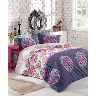 Ensemble de housse de couette 100% coton mauve / gris / rose Hulda
