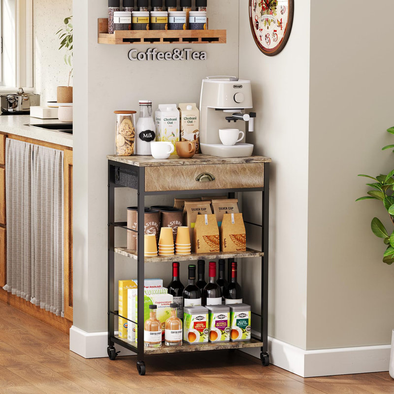 Coffee Bar Cart With Storage, 3-Tier Coffee Table With Drawer For Home Buffets & Sideboards,Coffee Station Corner Table With Rolling Wheels For Kichen, Entryway,(Brown And Black)