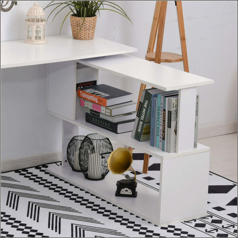  Bureau d'ordinateur de coin en L rotatif à 360 degrés, poste de travail convertible multi-formes avec étagère en S à 2 niveaux et bibliothèque à 3 niveaux pour dortoir pour petit bureau à domicile
