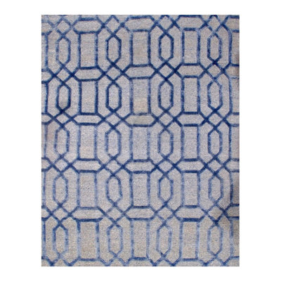 Tapis géométrique bleu clair / gris en laine / coton noué à la main 4 pi x 6 pi Aleyse