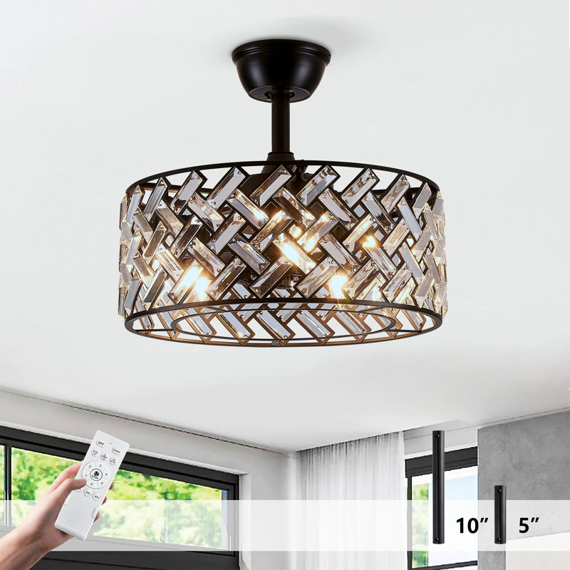 18"Matte Black Crystal Cage Ceiling Fan With Light (bulbs not included.), Matte Black
