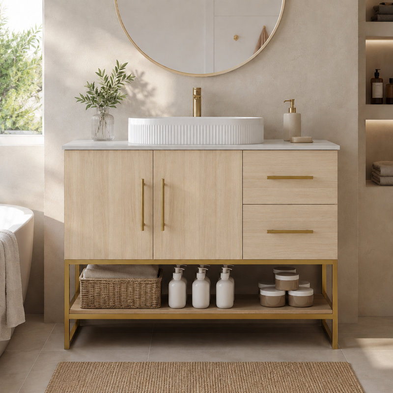 Meuble-lavabo sur pied de 91 cm (36 po) avec lavabo en céramique, cadre doré, 2 tiroirs, placard et tablette ouverte