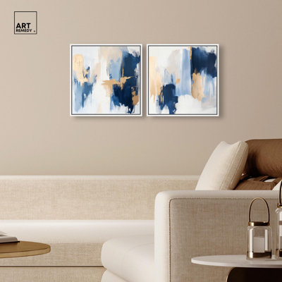 Tranquil Blue Depths Set Canvas Print Blue And Sage Wall Decor Set by Art Remedy, Black Frame, 12 x 12