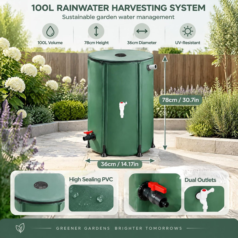 100L Collapsible Water Butt with Stand & Tap, Foldable Rainwater Collector