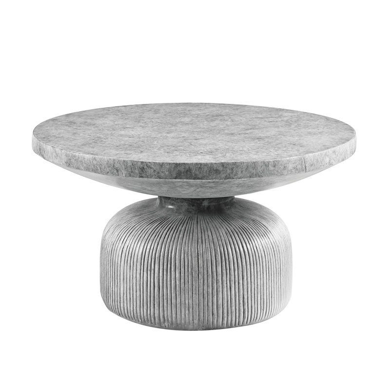 Table basse en ciment délicat avec plateau rond gris patiné et base à piédestal classique