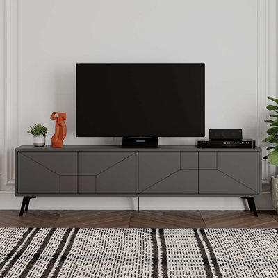 Meuble télé moderne avec portes à pousser, couleur anthracite, 70,9 po x 19,7 po x 11,6 po | 100% panneau de particules enduit de mélamine, épaisseur: 0,7 pouce | Charnières à fermeture en douceur, pieds en métal, tablettes multiples pour un rangement élégant