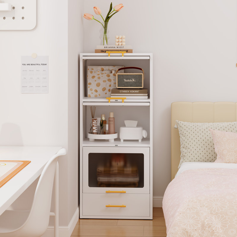 Metal Freestanding Display Stoarge Cabinet With Acrylic Glass Doors And Drawer For Storage Kitchen Pantry Cabinet, White