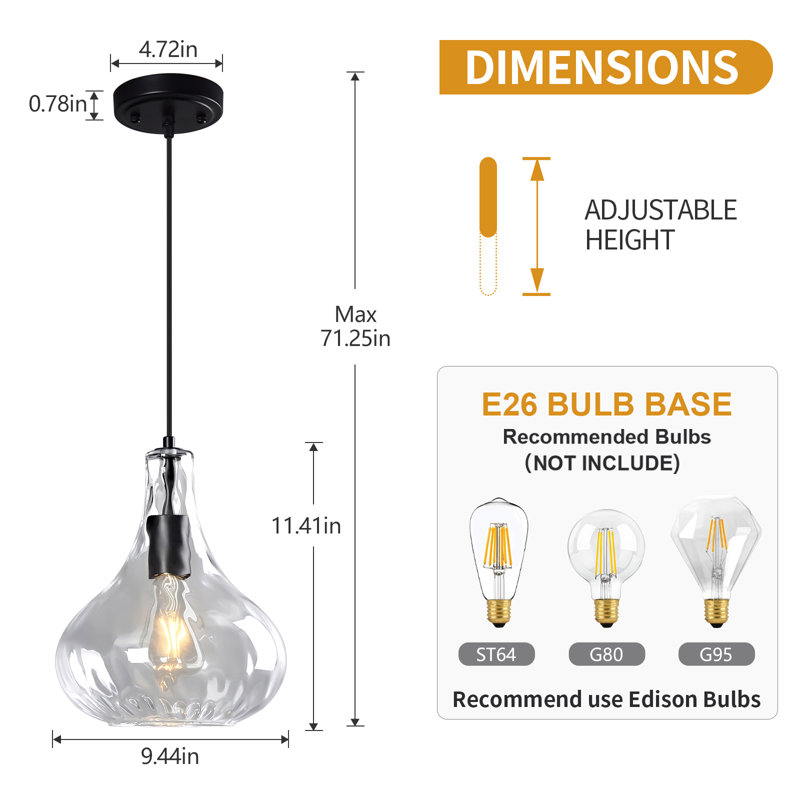 Luminaire suspendu en verre martelé Modern Farmhouse pour îlot de cuisine (paquet de 1), Transparent, Noir