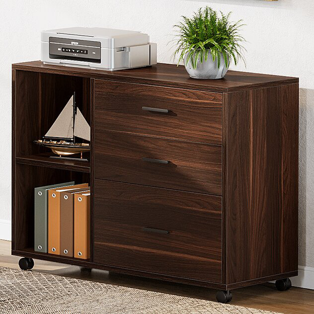 Mobile Lateral File Cabinet with Drawers and Shelves, Rolling Office Storage Cabinet, Brown, Dark Brown