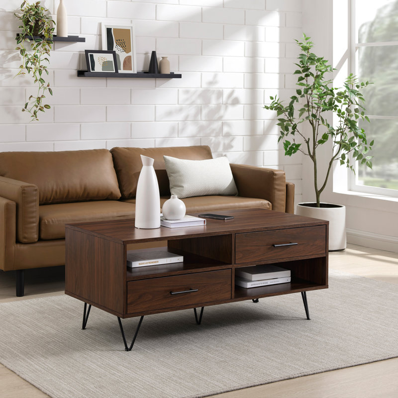 Table basse à 2 tiroirs avec rangement ouvert, Noyer foncé