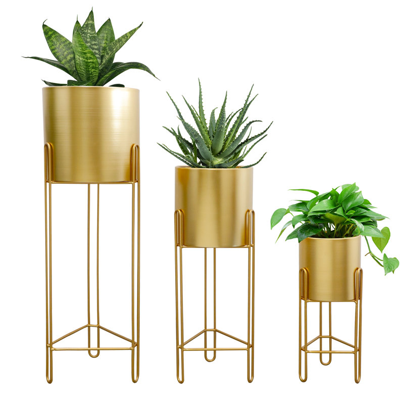 Tuller 3pcs Planters With Stand Indoor Outdoor Gold Planters, Gold