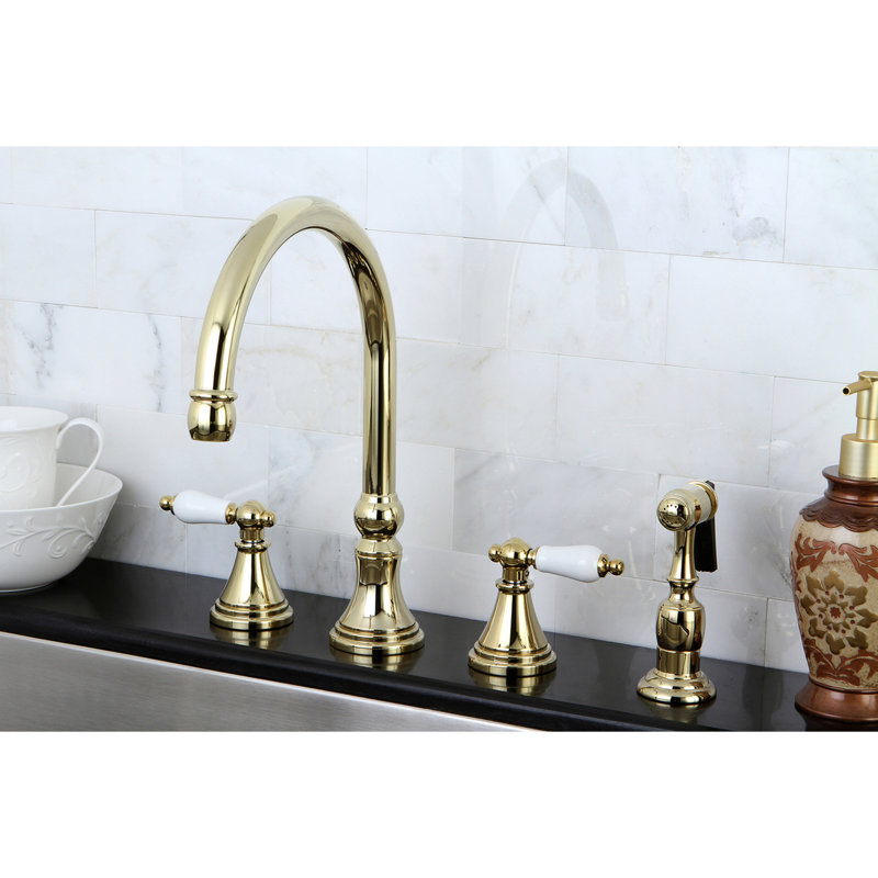 Kingston Brass Governor Double-Handle 4-Hole Widespread Kitchen Faucet with Brass Sprayer, Polished Brass