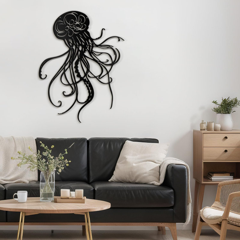 "Jellyfish" - Nautical Animals Iron Sculpture Metal Wall Art Modern Decor, 36" H x 36" W x 0.05" D, Black