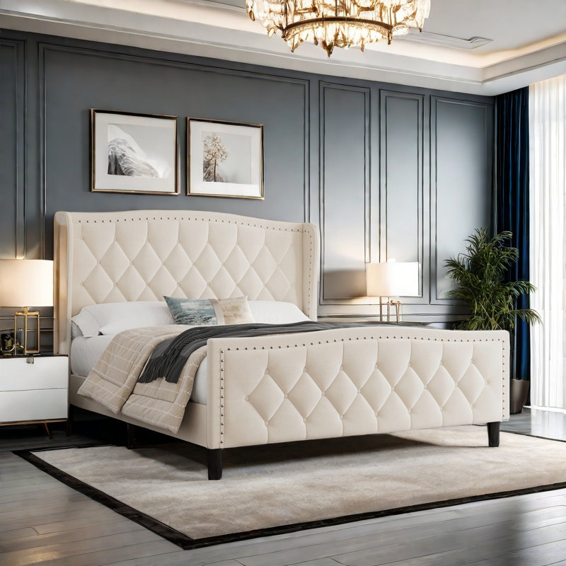 Mirabai Upholstered Metal Wingback Bed, Off White, Full