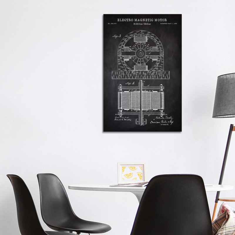 Tesla Electro Magnetic Motor, Black by PatentPrintStore - Wrapped Canvas Print, 101.6 cm H x 66.04 cm W x 1.91 cm D