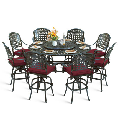  Ensemble de salle à manger 10 pièces pour patio, ensemble de table et chaises de bar en aluminium coulé résistant aux intempéries, comprenant 8 tabourets de bar pivotants et table de salle à manger à hauteur de bar de 61 po avec plateau tournant 31 po, trou pour parasol