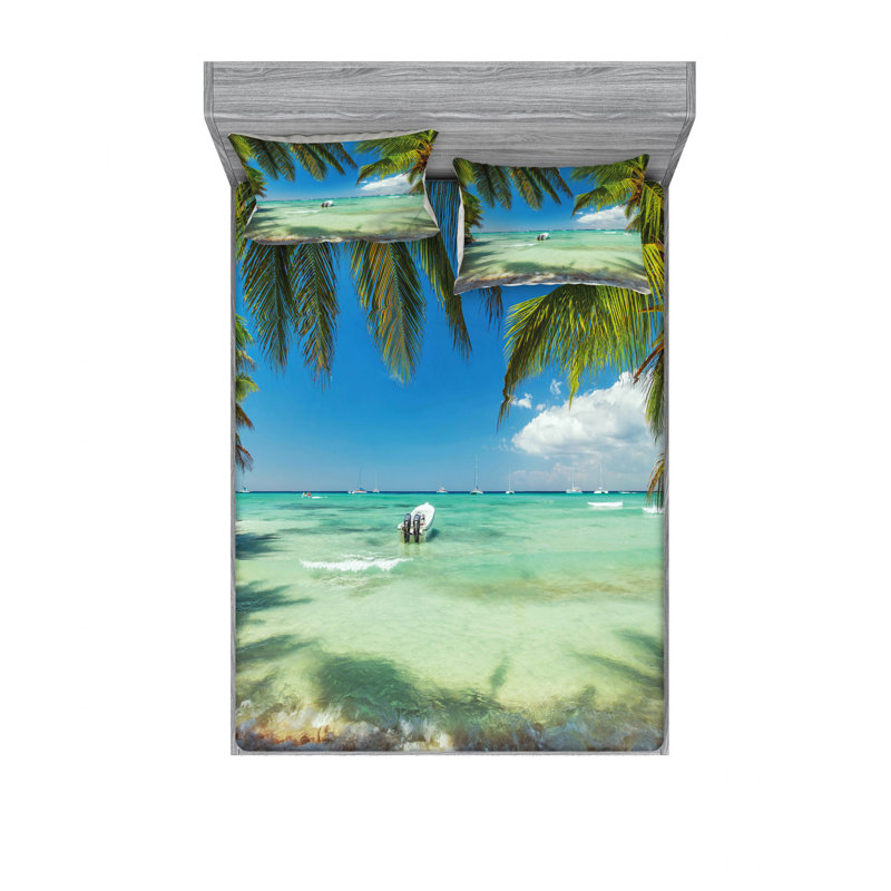 Ensemble de draps à motif de mer surréaliste entourée de palmiers, Ensemble de drap pour grand lit avec drap-housse