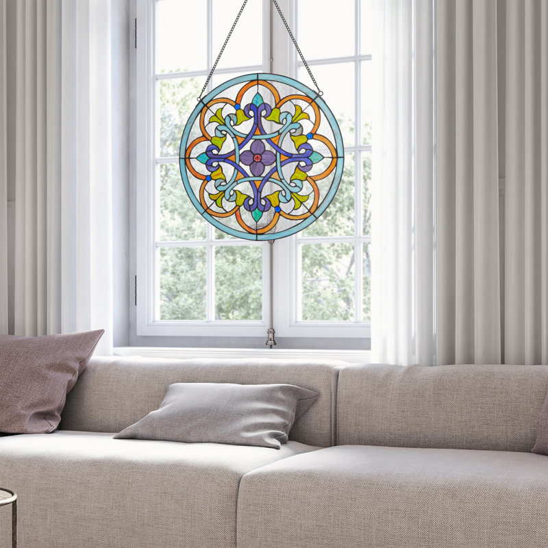 20.5”H Multicolored Round Stained Glass Window Panel