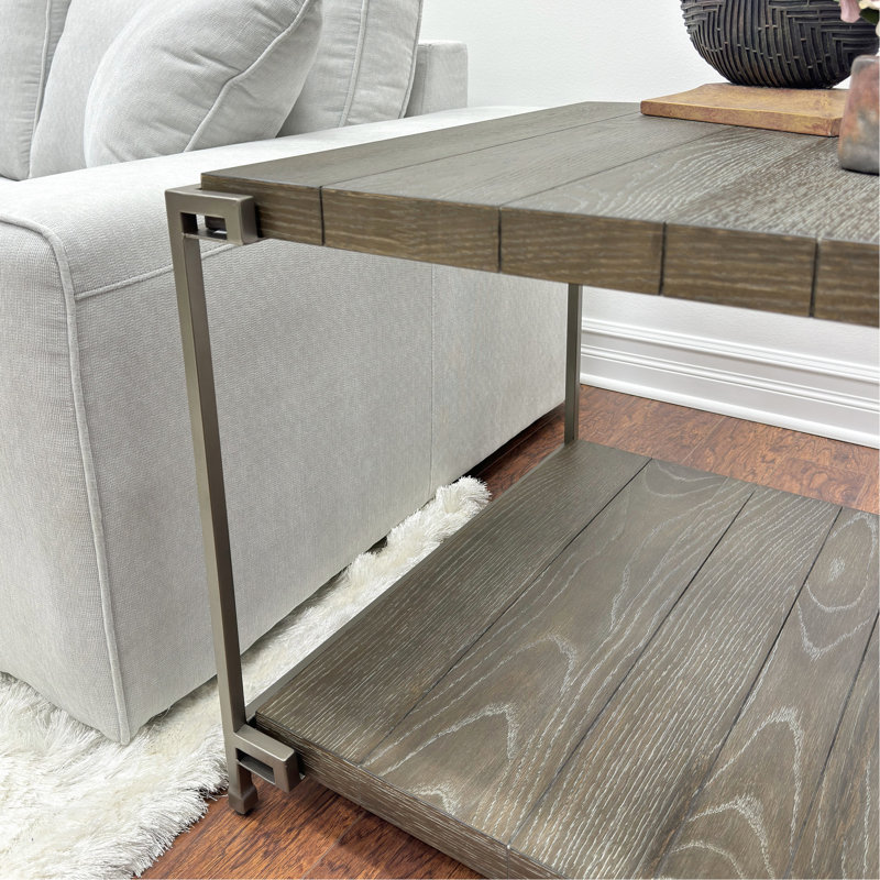 Table de salon en graphite vieilli, bois franc massif et métal, 1 table basse, 2 tables de bout modernes, avec base en métal, rectangulaire, pièce décorative