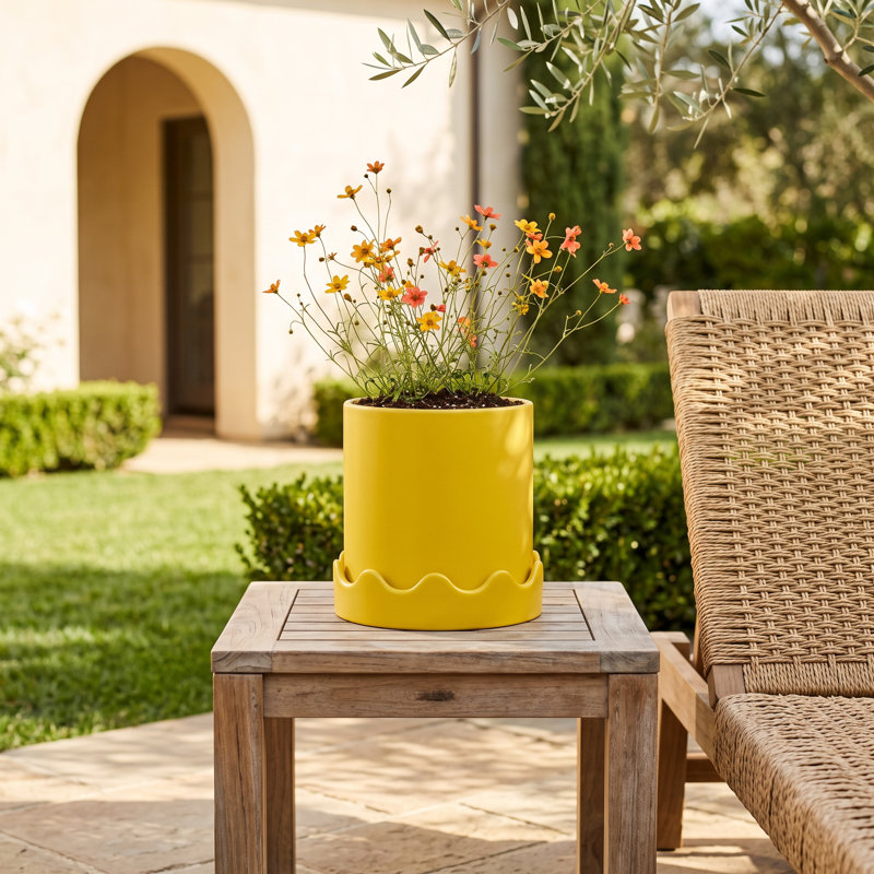 Winterview Pot with Saucer 7.5"x 7.25", 7.25" H x 7.5" W x 7.5" D, Yellow