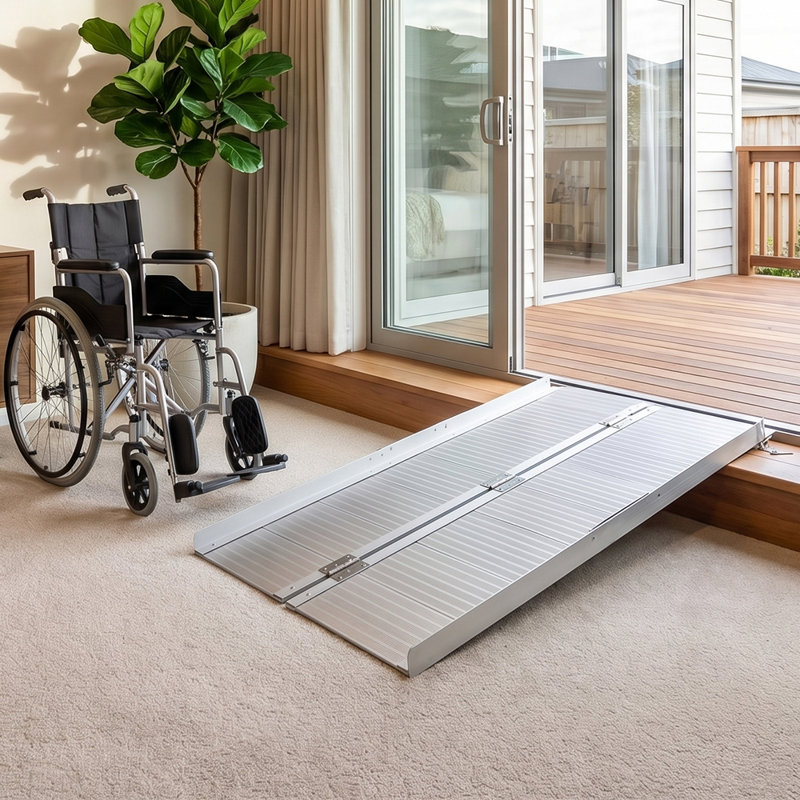 Rampe portative en aluminium pour fauteuil roulant pliable avec poignée et surface nervurée