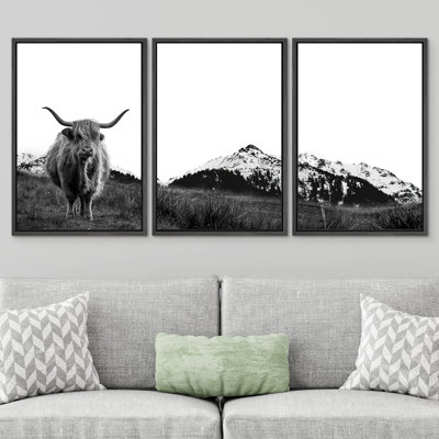 Animals Highland Cow Cattle In Snowy Mountain Landscape Framed Canvas 3 Pieces Black White Photograph Print
