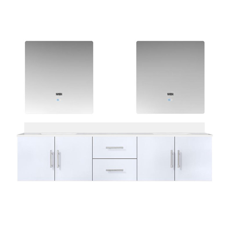 Geneva 80" Wall-Mounted Double Bathroom Vanity Set with Mirror, Glossy White, White Quartz