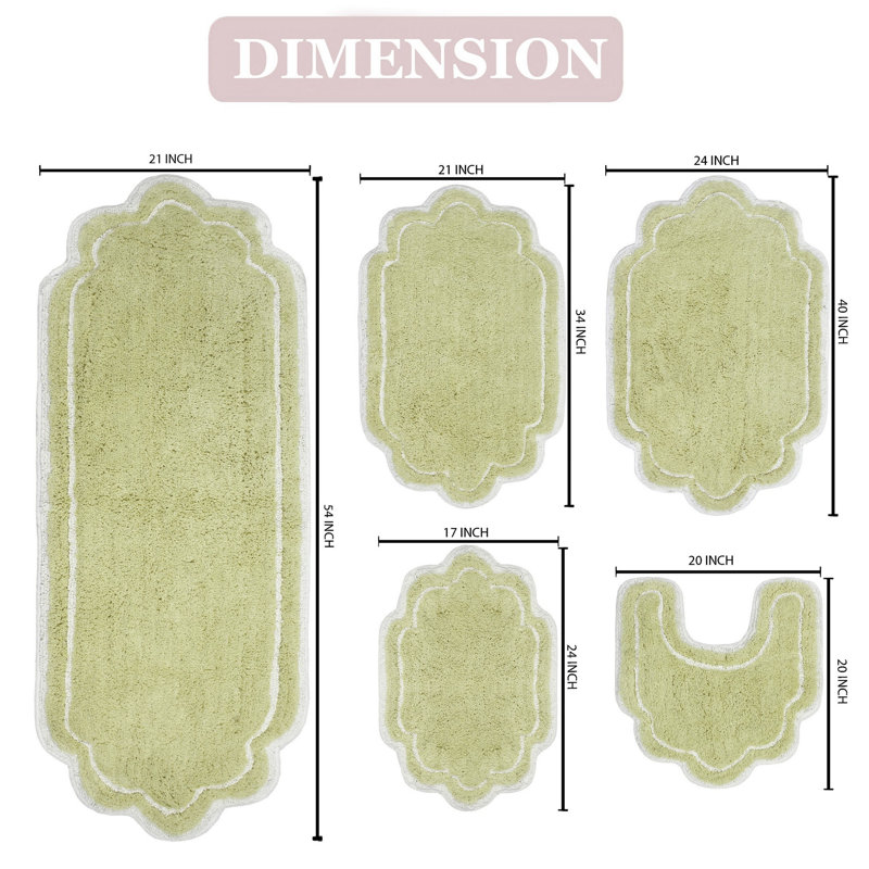 Allure 100 % Cotton Bath Rug - Machine Washable, Quick Dry, Absorbent - 5 Piece Set, Green