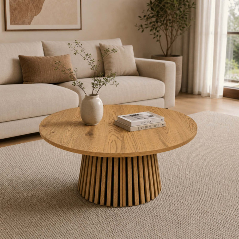 Table basse en bois ronde en bois, flexible et extensible, multifonctionnelle et peu encombrante, conception ovale à la mode et pieds de table à lattes, table à thé ou bureau, table de salon moderne