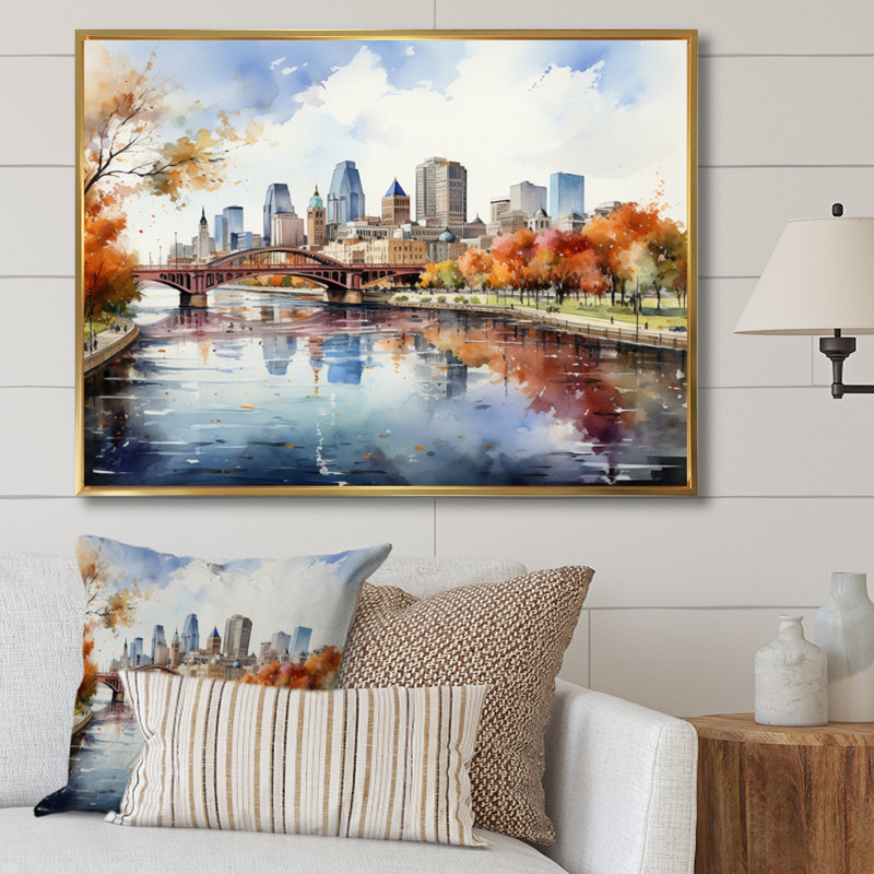 Minneapolis en automne I, H 12 po x l 20 po x P 1 po, Cadre flottant doré