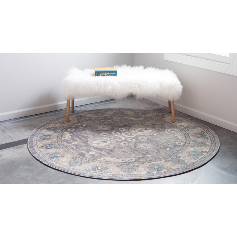 Tapis gris / ivoire / bleu Gwendolyn, Rond 6 '- 1