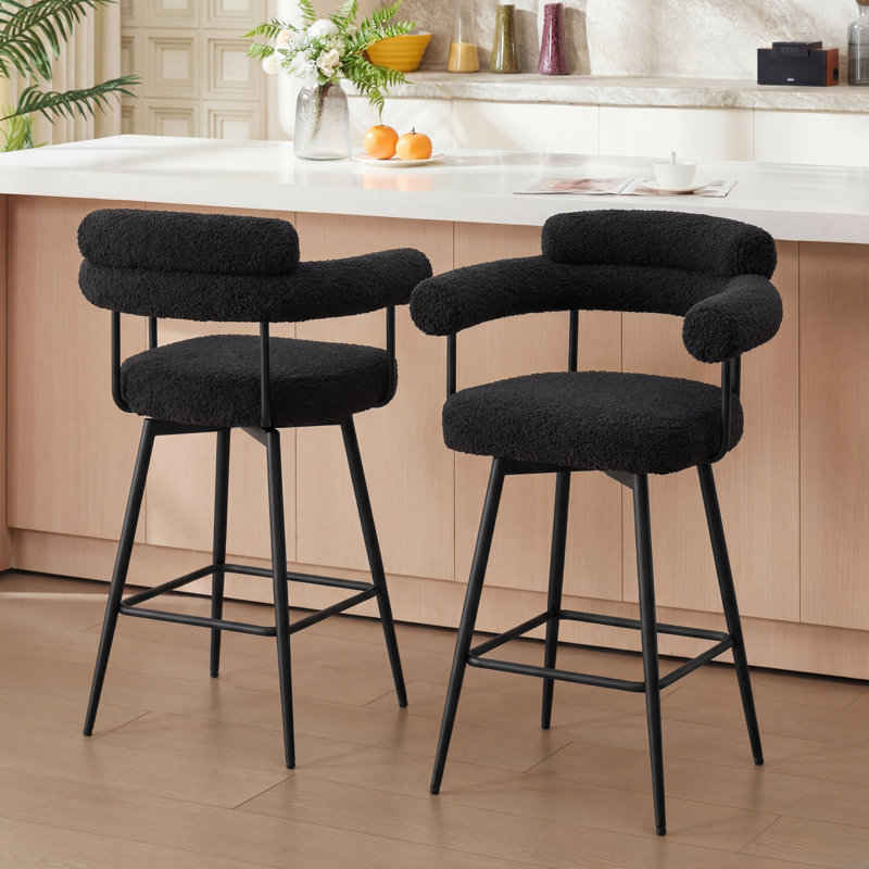 Kiylan Swivel Upholstered 26.7" Sherpa Counter Stool with Curved Wing Back and Metal Frame, Sherpa Black