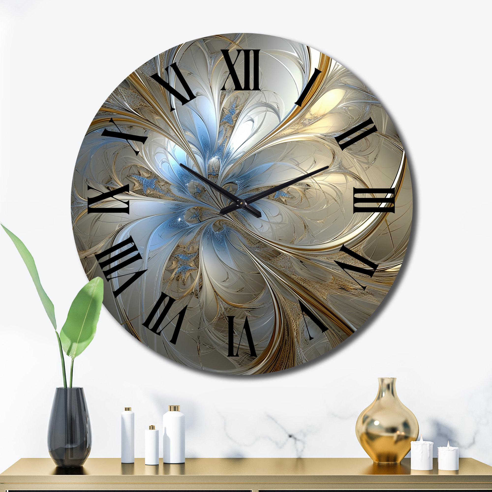 Design Art Tender Light Blue Floral Whirling Spiral Metal Wall Clock ...