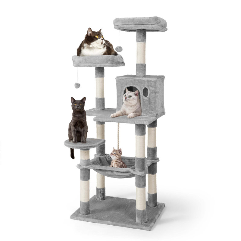 Arbre à chat de 58 pouces de hauteur pour les grands chats d'intérieur ou les chatons, arbre à chat multi-niveaux avec poteaux à griffer, hamac, grotte pour chat et perchoir élargi