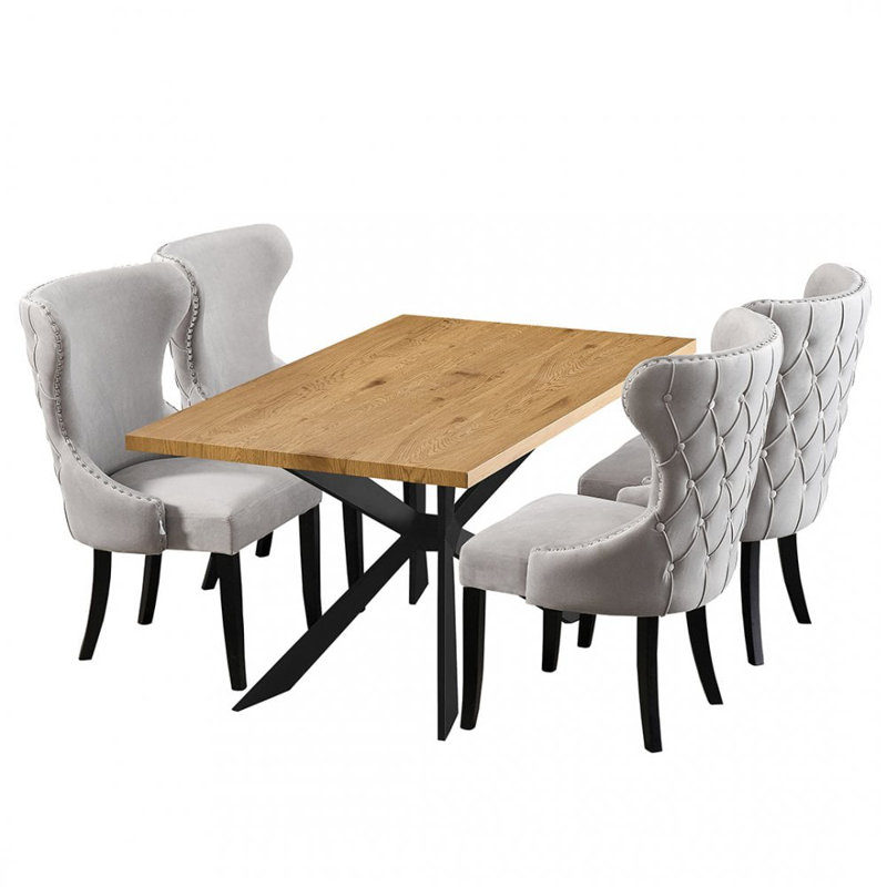 Bootle 4 Person Dining set - a Rectangular Wooden Dining Table with Metal Legs and a Set of 4 Quilted Velvet Dining Chairs for Dining Room - Modern Dining Table Set
